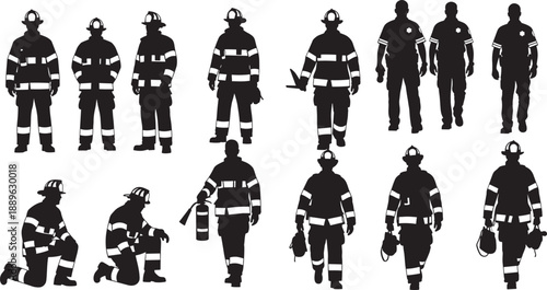 Collection of professional firefighter silhouettes in various action poses including kneeling walking and standing with rescue equipment for emergency service and first responder concepts.