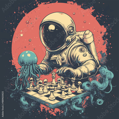 Whimsical Space Diver Playing Chess with Jellyfish , vector style simple color