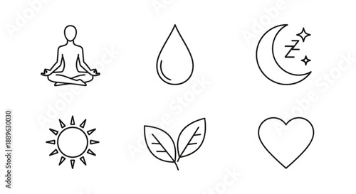 Meditation and wellness icons set including yoga water moon sun leaves and heart for mindfulness and self care themes
