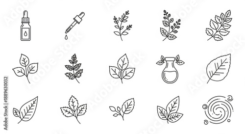 Botanical icons set including leaf plant and herbal medicine illustrations with dropper bottle