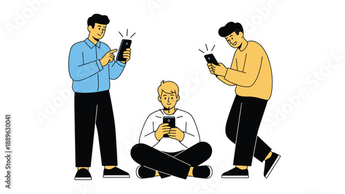 Three men engrossed in their smartphones in a casual setting