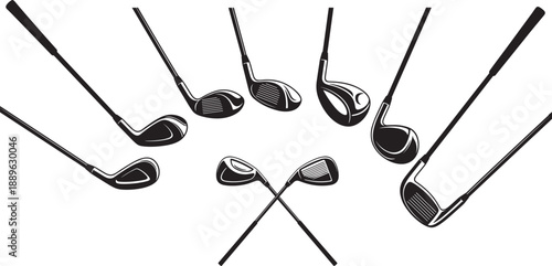 Collection of various golf club illustrations including drivers irons and putters arranged in a fan shape isolated on white background for sports equipment design.