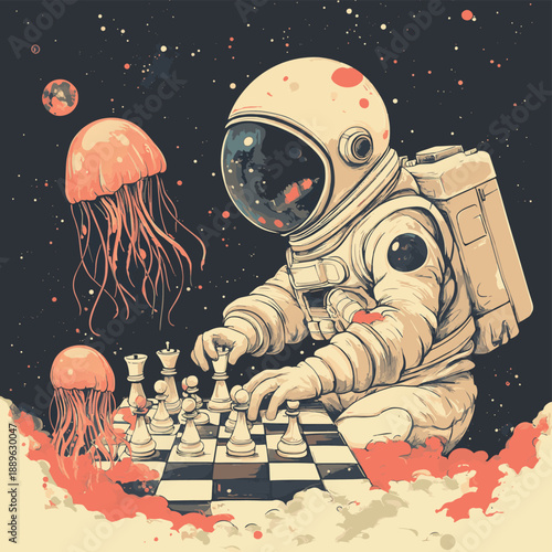 Whimsical Space Diver Playing Chess with Jellyfish , vector style simple color