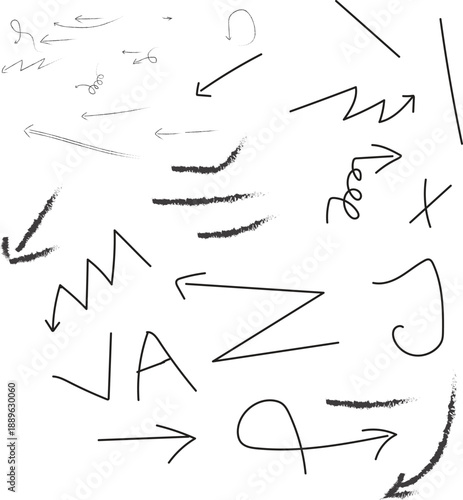 Collection of hand drawn arrows lines and scribbles on a white background