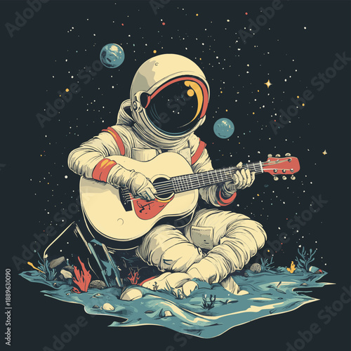 Whimsical Space Musician Playing Ukulele Underwater , vector style simple color