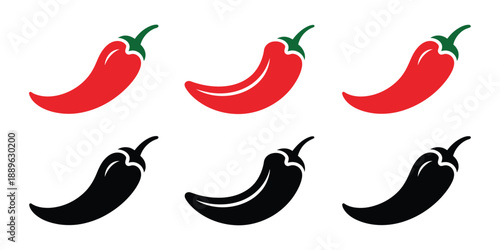 Hot chili paper icon set vector on white background including hot pepper, paprika, spicy vegetables, seasoning icons, and culinary illustration for food, recipes, and cooking designs.