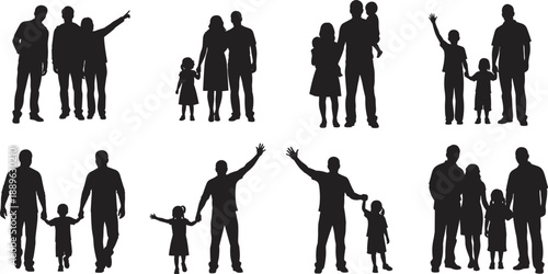 Collection of diverse family silhouettes featuring parents with children holding hands walking and waving in various heartwarming poses isolated on white background.