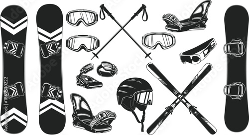 Collection of professional winter sports equipment including snowboards skis goggles helmet and bindings isolated on white background for mountain resort and extreme sports designs.