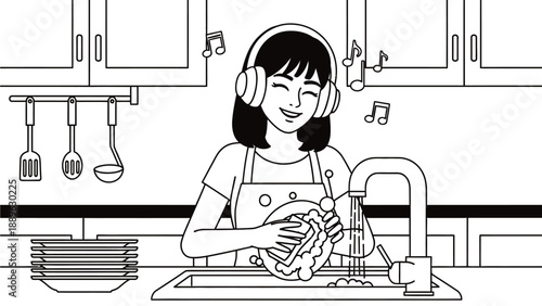 A cartoon woman wearing headphones washing dishes in a kitchen sink