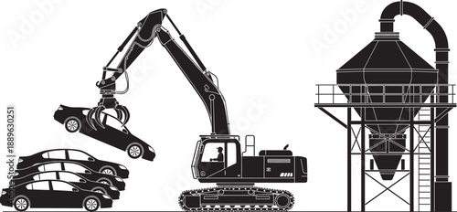 Industrial car recycling facility silhouette featuring a hydraulic scrap handler excavator lifting vehicles near a metal shredder silo for junkyard and automotive waste management.