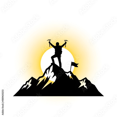 Mountain Climber Silhouette at Peak - Success Achievement and Adventure Concept Vector