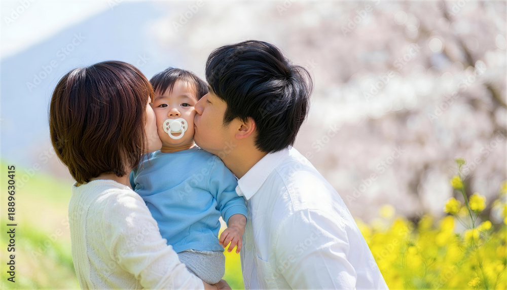 Fototapeta premium 赤ちゃんの頬にキスをする両親と春の風景