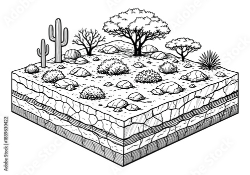 Hand drawn line art isometric illustration of a desert section depicting geological layers and arid plants for earth science