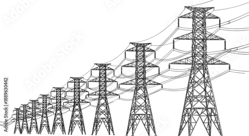 Row of high voltage electricity pylon silhouettes with power lines arranged in perspective for industrial energy grid and electrical infrastructure concepts.
