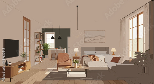 Modern country house interior background with living room and bedroom combination , vector , illustration