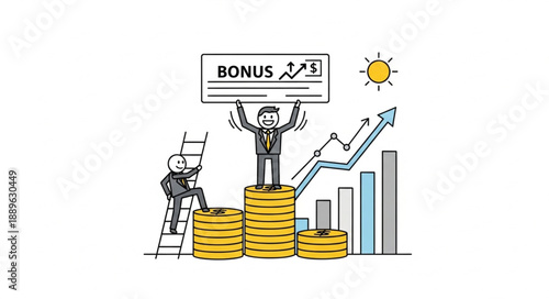 Man holding bonus check standing on stack of coins with graph background.