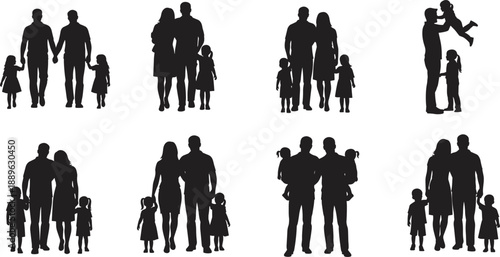 Collection of diverse family silhouettes featuring parents and children walking holding hands and playing isolated on white background for community and parenthood design concepts.