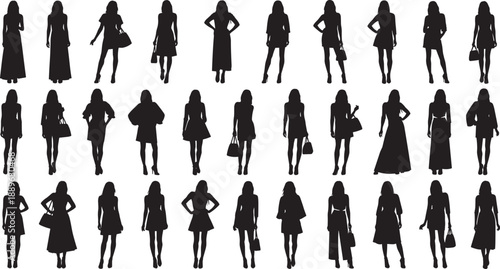 Comprehensive collection of elegant female fashion model silhouettes in various stylish poses and trendy outfits isolated on white background for apparel and runway design.