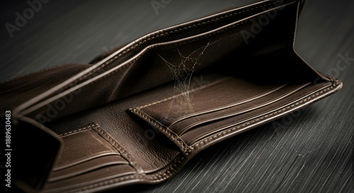 An empty brown leather wallet with a spider web inside symbolizing poverty or lack of money