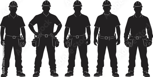 Set of five professional construction worker silhouettes wearing hard hats and tool belts isolated on white background for industrial labor and building site concept.