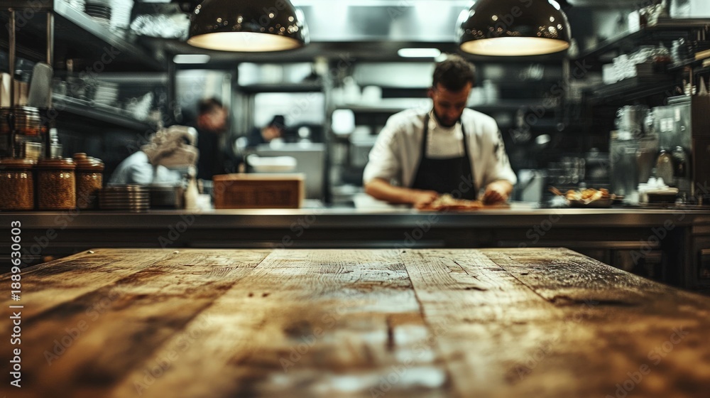 Obraz premium Rustic wooden table in focus, blurred chef preparing food in a busy, professional kitchen
