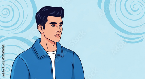 Man looking to the side with blue background.