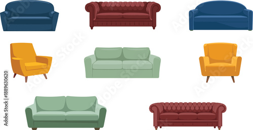 Modern sofa and armchair set illustration, colorful living room furniture collection, comfortable seating designs for home interior decor