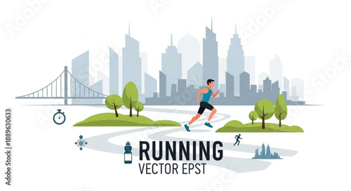 Man running in city park with skyline background vector illustration.