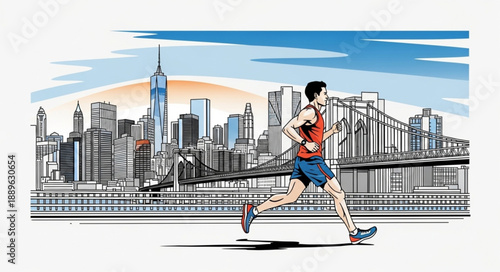 Man running in city marathon with skyline background illustration.
