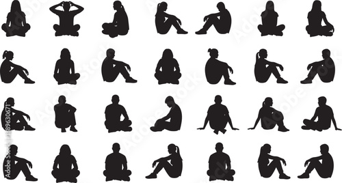 Massive collection of diverse people silhouettes in various sitting and lounging poses including cross-legged positions and relaxed floor seating for architectural scale.