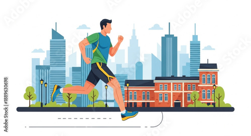 Man running in city park with skyscrapers background healthy lifestyle.