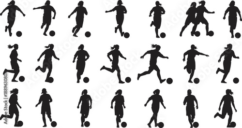 Large collection of female soccer player silhouettes in action poses dribbling running and kicking balls isolated on white background for sports competition and athletic design.