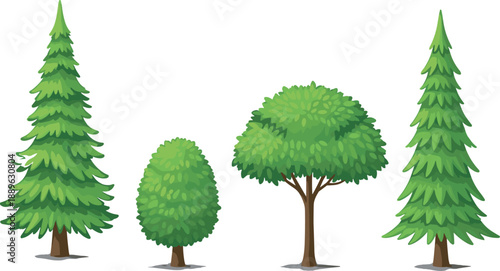 Set of four stylized green tree illustrations featuring two tall conical pine trees a rounded deciduous tree and a dense oval shrub for landscape design and architectural visualization.