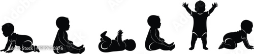 Baby Development Silhouette Set Featuring Infants Crawling Sitting Rolling Playing and Standing in Various Growth Stages Flat Vector Illustration Collection
