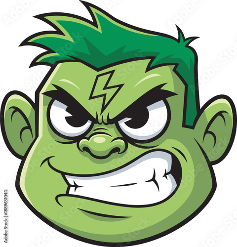 Vector illustration of a tough green monster cartoon head with a lightning bolt scar and an angry grin for mascot gaming and comic design.