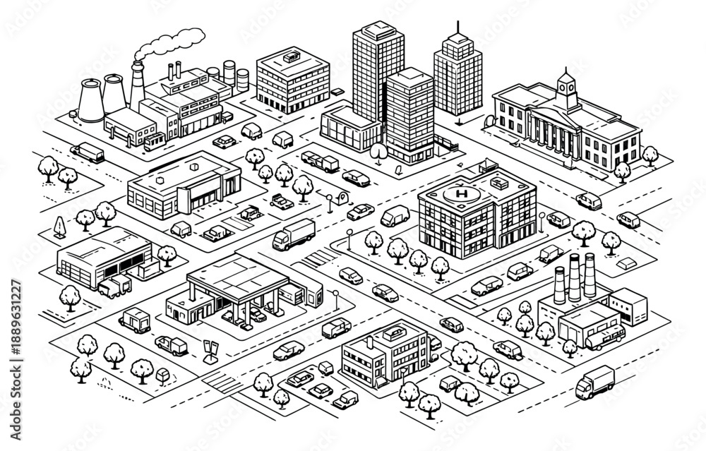 Obraz premium Hand drawn line art illustration of an isometric city depicting modern urban landscape with buildings and vehicles for web design and business presentations