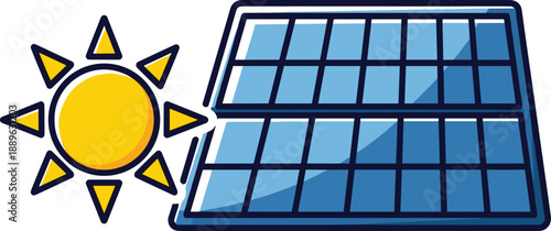 Renewable solar energy vector illustration featuring a blue photovoltaic panel and bright yellow sun isolated on white background.