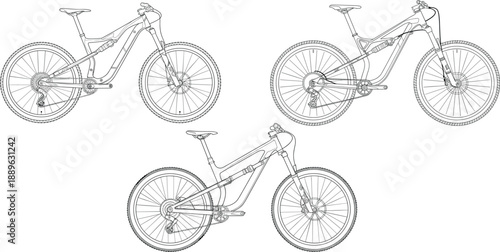 Mountain bike technical drawing set, detailed bicycle outline illustration, full suspension MTB blueprint sketch, cycling equipment, black line art