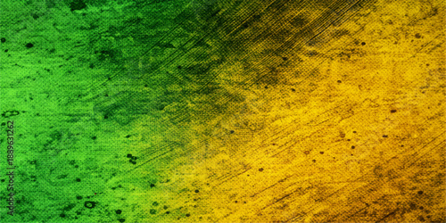 Abstract green and yellow paint textures blend on a grungy vintage paper canvas with aged orange and brown stains to create an antique patterned backdrop for artistic design