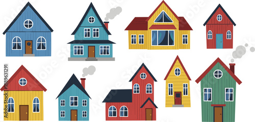 Set of Colorful Scandinavian Style House Vector Illustrations with Cute Cottages, Wooden Facades, And Cozy Homes for Residential Design.