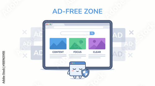 Digital Illustration, Ad-Free Zone Concept, Online Environment, Flatlay Design, Technology Focused, Anime-Inspired Style