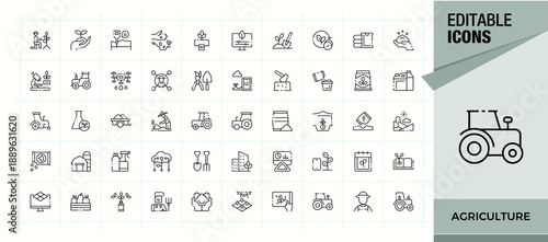 Agriculture line icon set. Harvest icon set. Collection of simple line web icons. Contains such symbols as plant, harvest, land, garden, farm and more. Editable stroke. Vector illustration.
