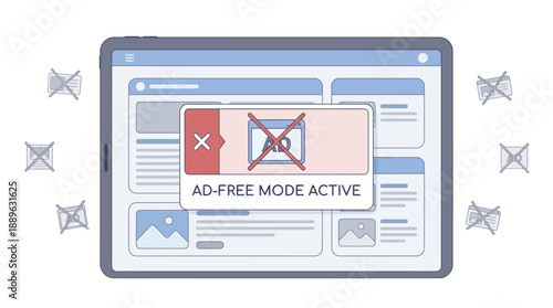 Digital Illustration, Ad-Free Mode Alert, Tablet Screen, Graphic Design, Modern Environment, Close-Up View, User Experience Concept