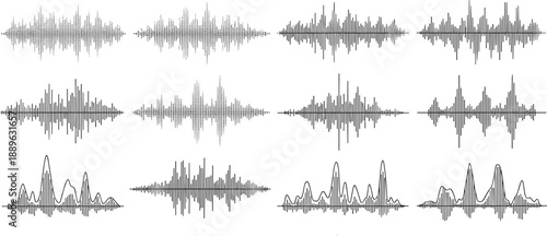 Set of Digital Audio Waveform Icons, Black Sound Frequency Waves, Music Equalizer and Radio Signal Vector Illustration for Technology Design