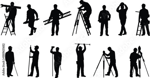 Silhouettes of construction and survey workers using tools and equipment, showcasing teamwork, site activity, and industrial roles in a professional jobsite environment.