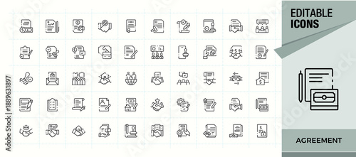 Agreement icon set. Modern linear icons. Featuring check, hand, deal, team, approval. Editable vector. Pixel perfect. Settlement minimalist line icons.