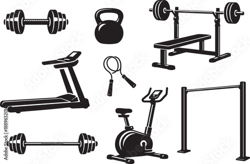 Gym equipment silhouette icons set featuring weights machines and cardio tools
