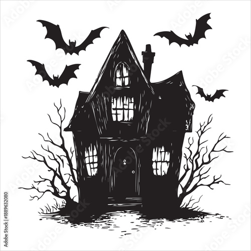 Silhouette Halloween house with bats flying around it and a pumpkin on the ground isolated on white background. 