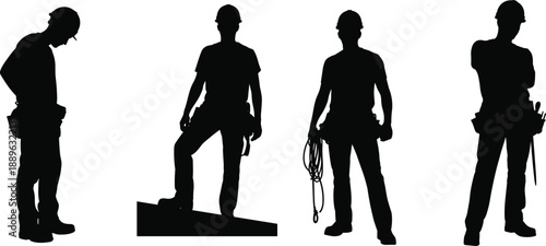 Silhouettes of construction workers in hard hats and tool belts, showcasing diverse poses, safety gear, and occupational roles on an active industrial jobsite.