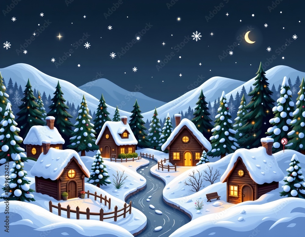 Fototapeta premium Cozy Winter Village Scene with Glowing Cottages Night